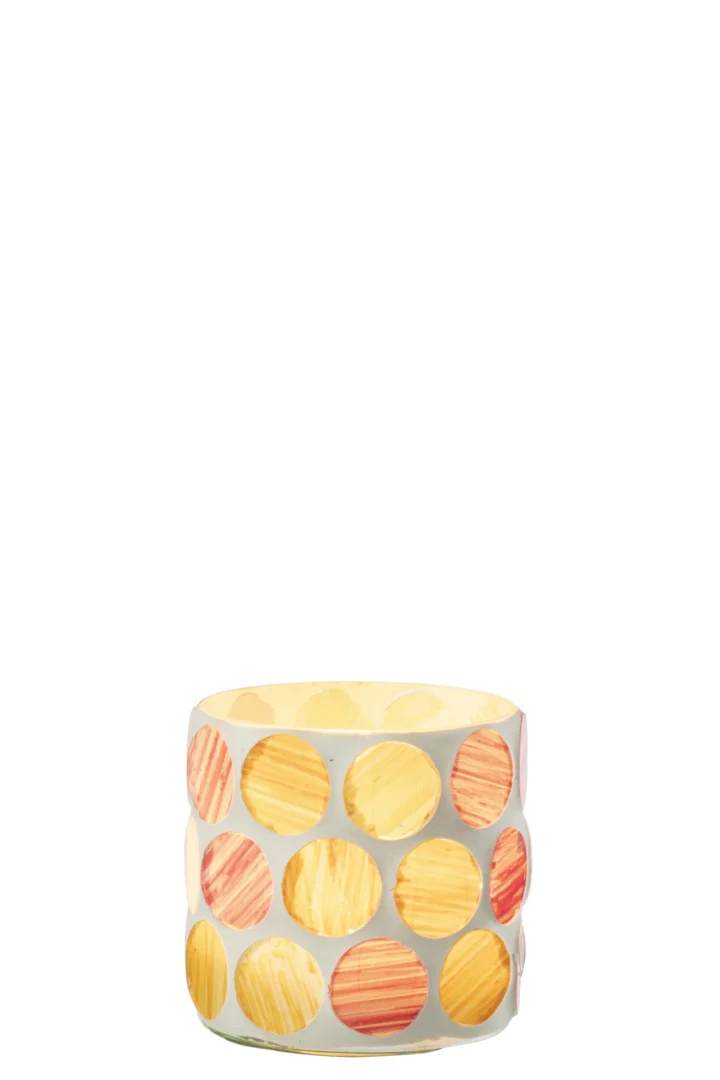 Kaarsenhouder Braudonte glas wit met kleurrijke cirkelprint en licht transparante afwerking