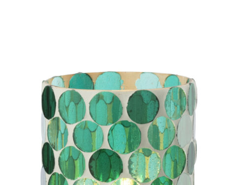 Kandelaar Corund glas blauw met groene reflecties en ronde mozaïekdetails, H12,5 cm