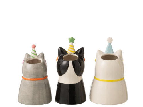 Ivo keramiek vaas set van 3 met kattendesign, feesthoedjes en meerkleurige afwerking
