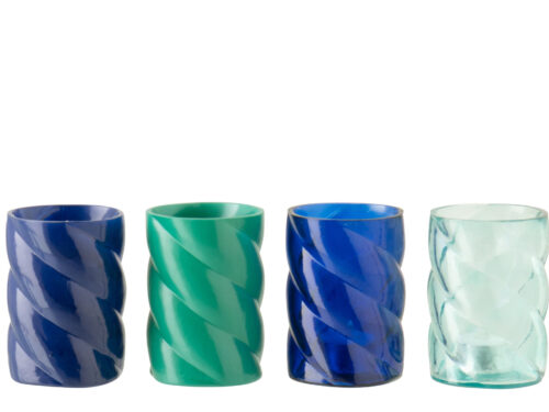 Hurricaneglas Stommira blauw set van 4, draaivormig glas in diverse blauwtinten voor sfeervolle kaarsenhouders
