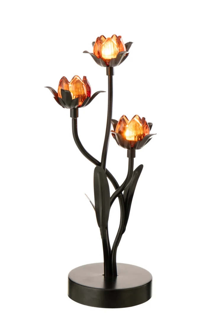 Tafellamp Steinder zwart H36,5 cm met drie bloemvormige LED-lampen en glazen amberkleurige kapjes