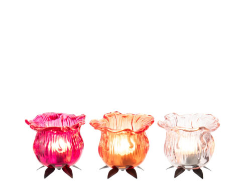Waxinelichthouder Treirmal Glas Oranje set van 3 met bloemvormige rand en stevige metalen voet
