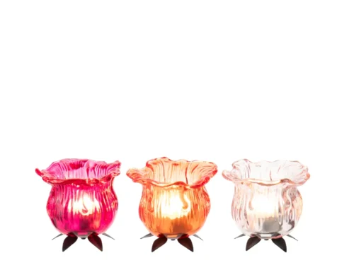 Waxinelichthouder Treirmal Glas Oranje set van 3 met bloemvormige rand en stevige metalen voet