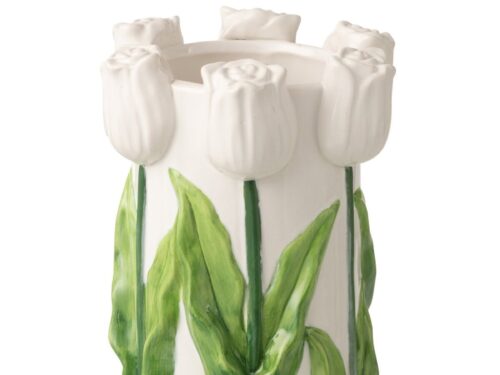 Witte keramieken Vaas Stirnu met tulpenvorm en groene bladprint, 27,7 cm hoog