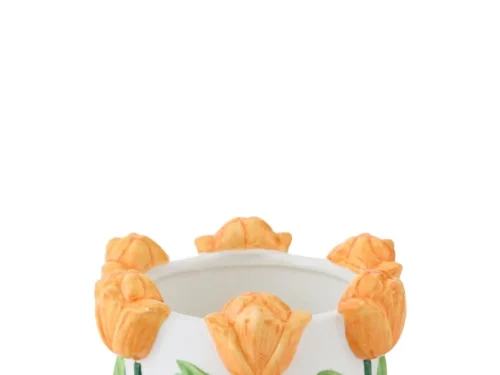 Bloempot Slierron wit keramiek met reliëf tulpen en groen blad, H13 cm, decoratief en compact