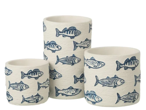 Bloempot Klunta Beton Wit H20 cm met wit cement en blauw vismotief in drie formaten