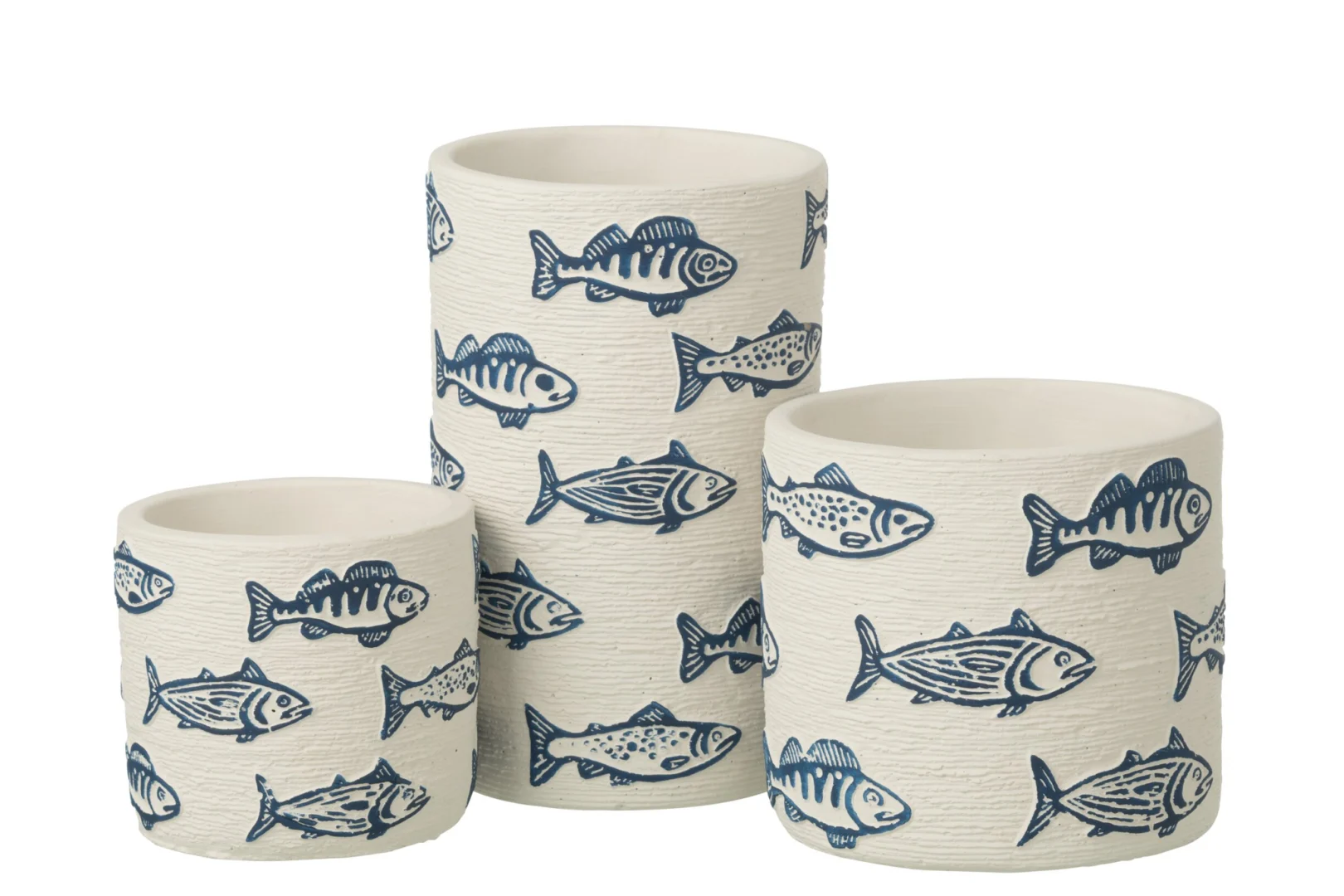 Bloempot Klunta Beton Wit H20 cm met wit cement en blauw vismotief in drie formaten