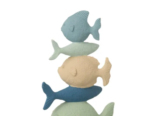 Voosak polyresin decoratiefiguur met stapel vissen in blauw en pastelkleuren op beige voet, H32,5 cm
