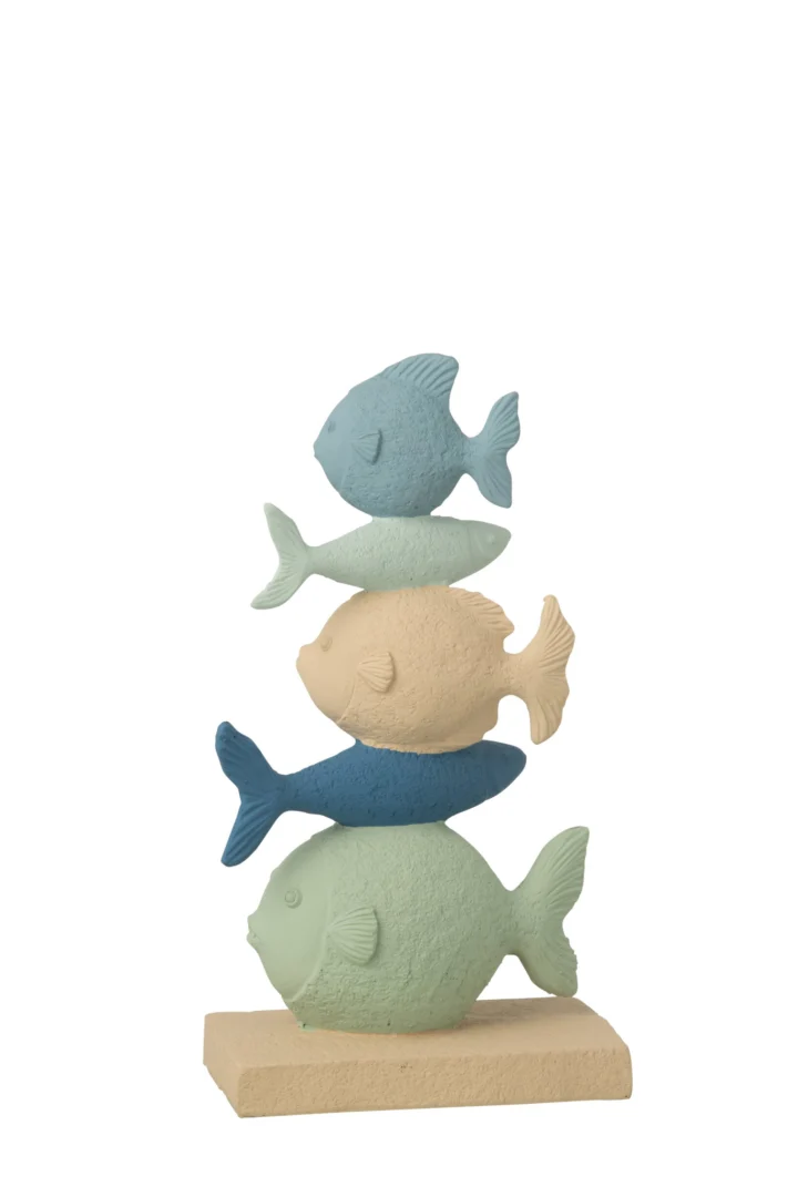 Voosak polyresin decoratiefiguur met stapel vissen in blauw en pastelkleuren op beige voet, H32,5 cm