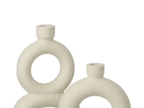 Vaas Jiemang Steen Wit, set van 2 ronde soliflore vazen in wit steengoed met elegant open design, H28 cm