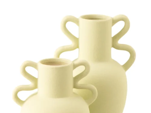 Vaas Kossir steengoed groen met twee handvaten, decoratieve woonaccessoire in organische vorm