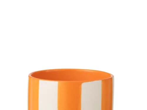 Oranje keramieken bloempot Lintoro met wit gestreept design en compact formaat H12,5 cm