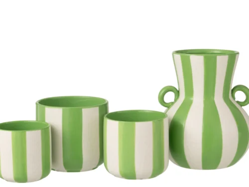 Vaas Klonsand keramiek groen-wit met gestreept design, 25 cm hoog en stevig model