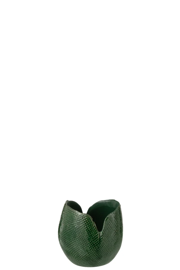 Groen Haumes kleivaasje H11,5 cm met warme glans en compacte, vormvaste uitstraling