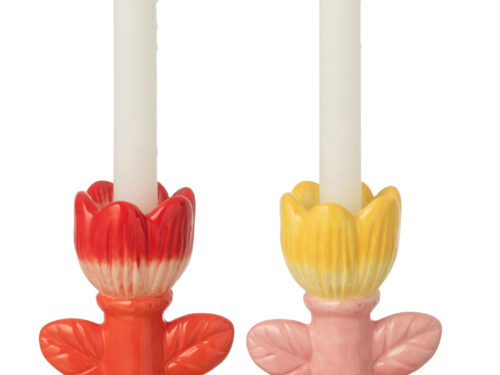 Kandelaar Troonnura steen, set van 2, meerkleurig bloemdesign met compacte voet en sierlijke afwerking