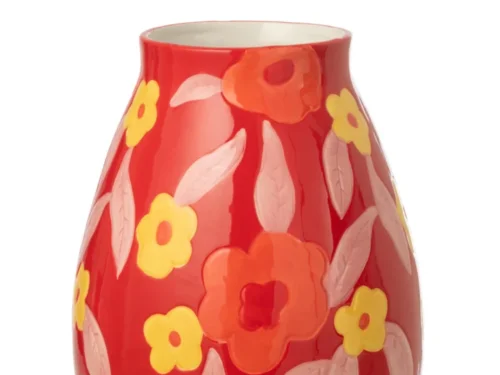 Reernio meerkleurige dolomiet vaas met bloemdecoratie, H28 cm, rood met geel en oranje bloemen