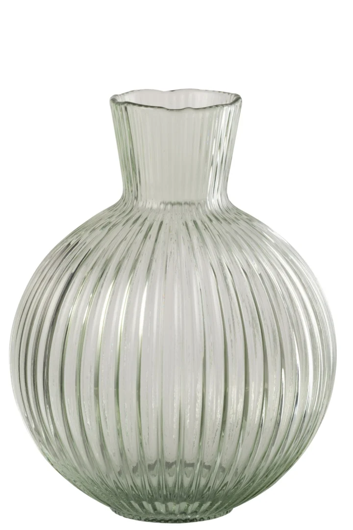Vaas Rindal Glas Groen H35 cm met bolvorm, geribbelde afwerking en helder transparant glas
