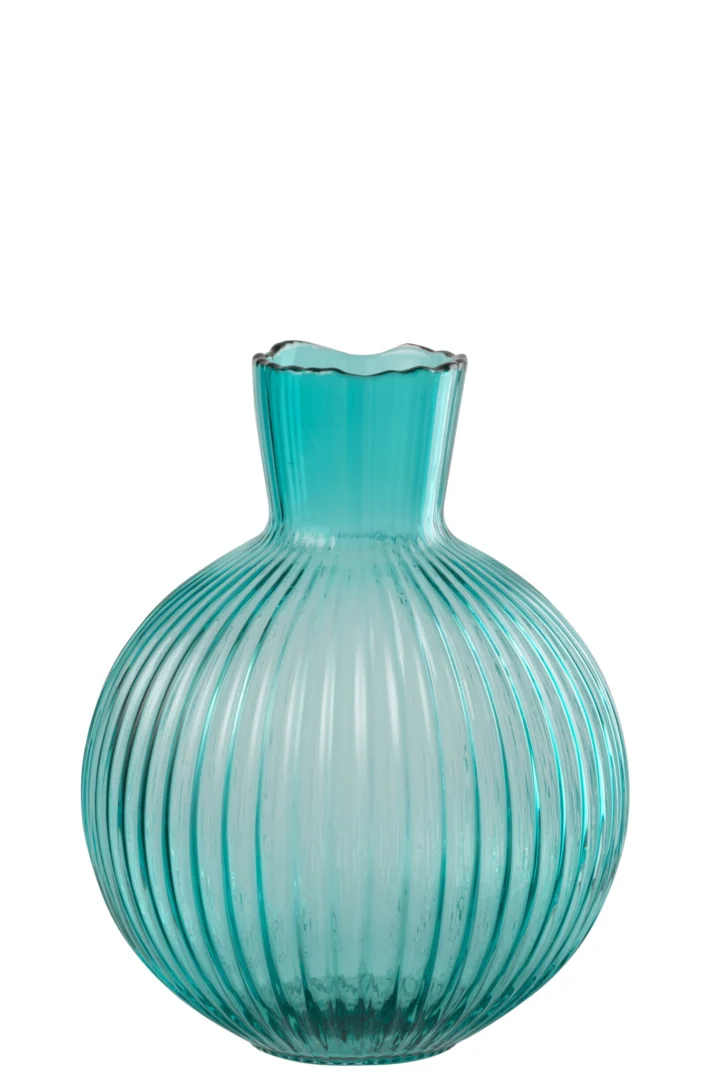 Vaas Zuser blauw glas met ronde kogelvorm en geribbelde afwerking, 29,5 cm hoog