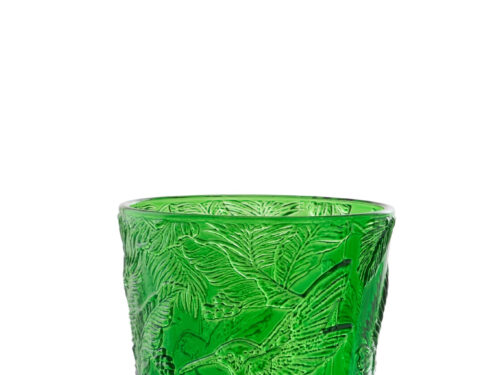 Nemine groen drinkglas met reliëf van bladeren en kolibrie, compact elegant glazen ontwerp