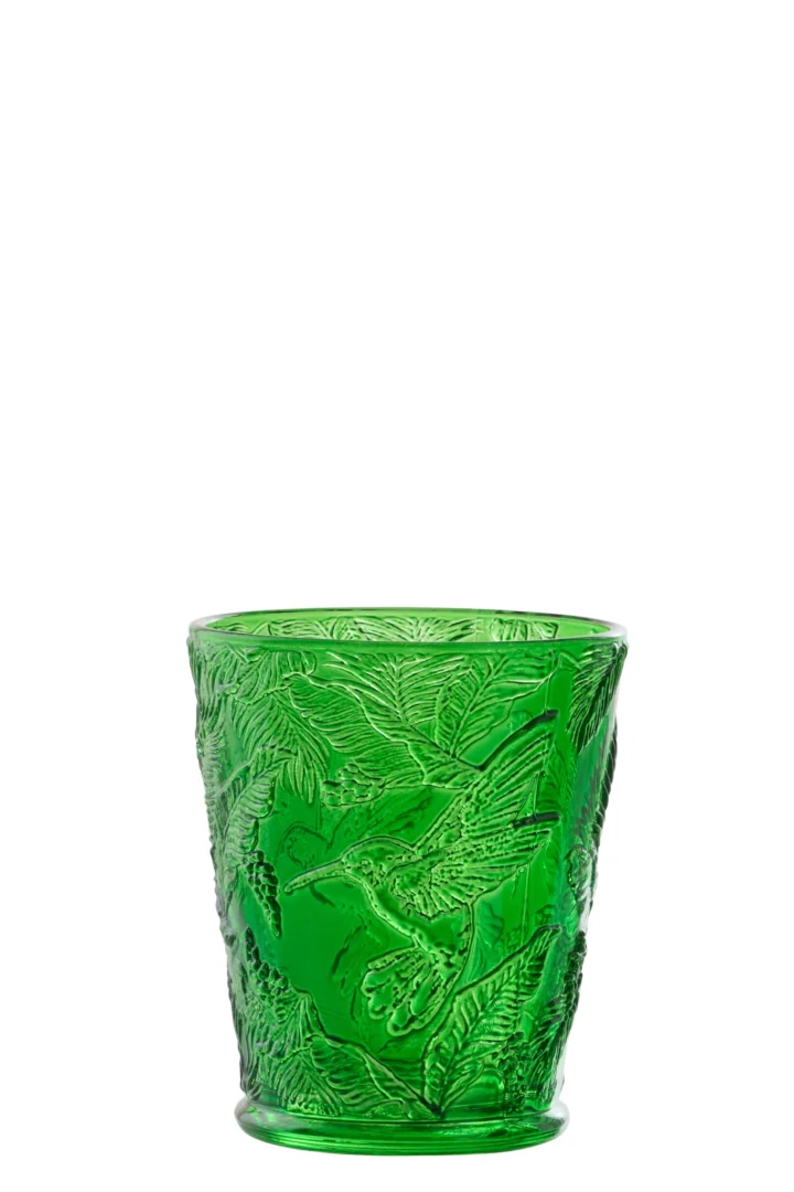 Nemine groen drinkglas met reliëf van bladeren en kolibrie, compact elegant glazen ontwerp