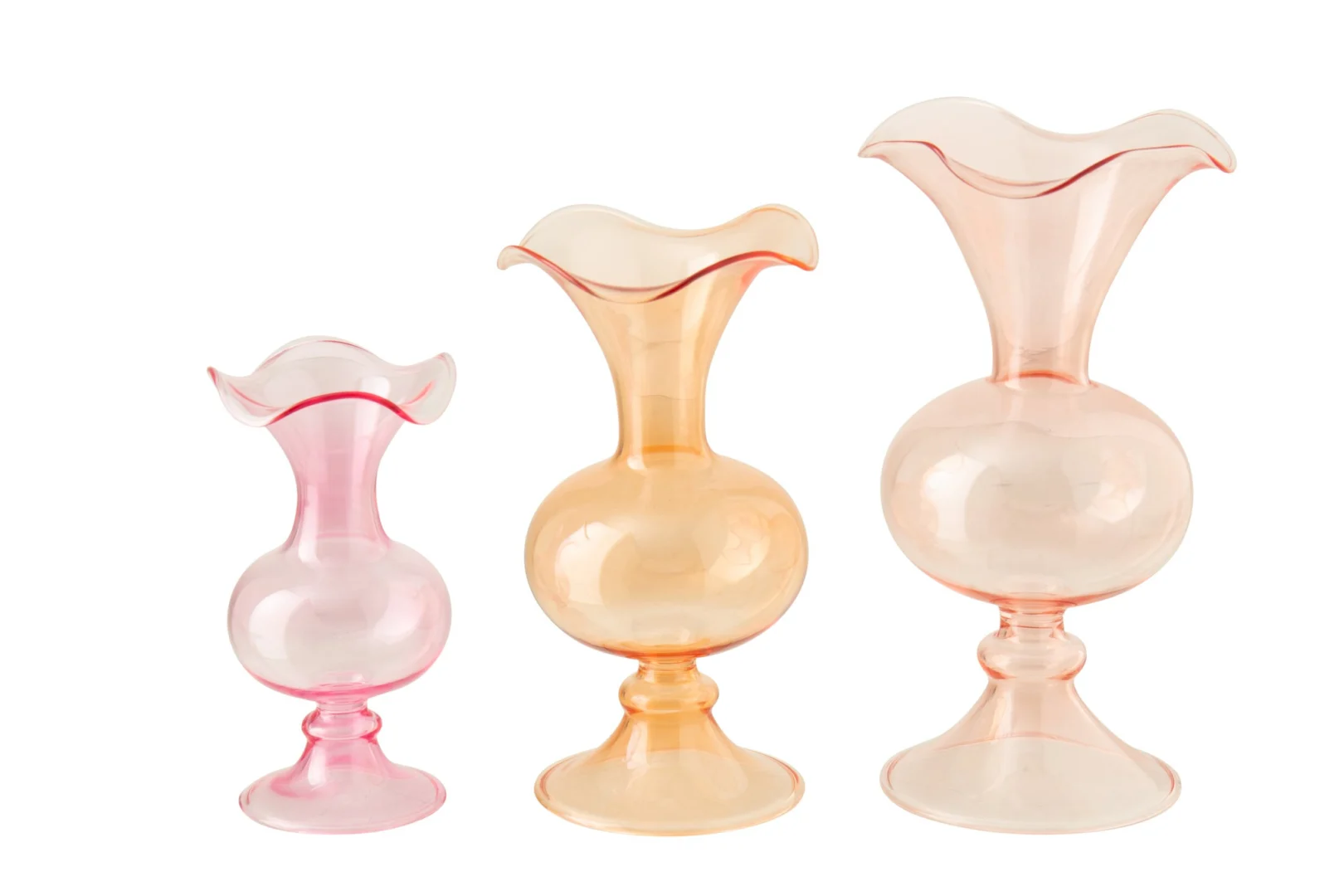 Traukano vaas set van 3 in meerkleurig glas met bolvorm en sierlijke golvende rand