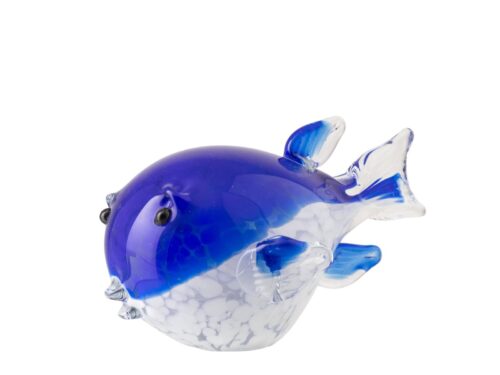 Teedos glazen presse-papier vis in blauw en wit, compact decoratief woonaccessoire