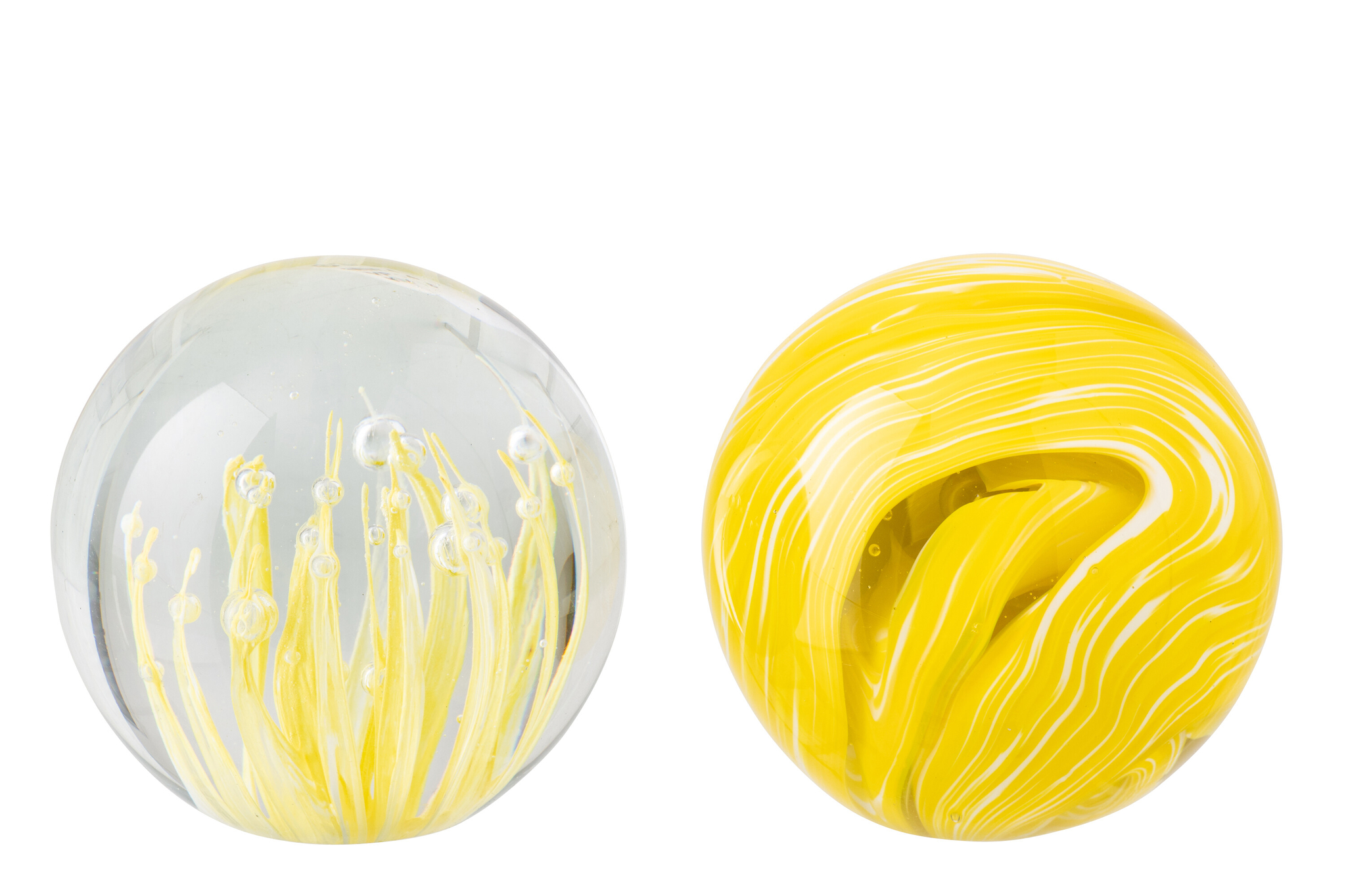 Woonaccessoire Voordan glas geel, set van 2 bolvormige paperweights in transparant en geel glas