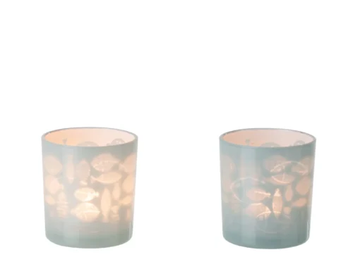 Waxinelichthouder Sarri grijs glas, set van 2 met speels vissendessin en compact formaat
