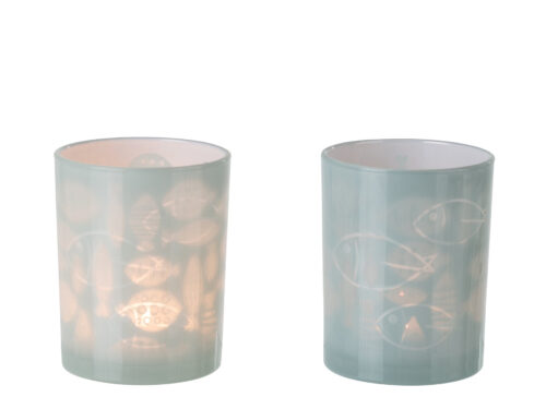 Set van 2 Soossin grijze glazen waxinelichthouders met elegante visprint en rustige uitstraling