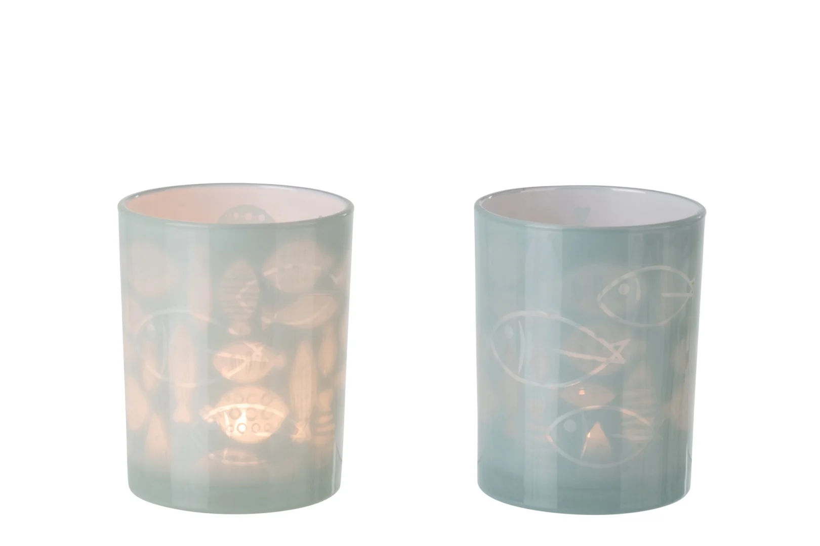 Set van 2 Soossin grijze glazen waxinelichthouders met elegante visprint en rustige uitstraling
