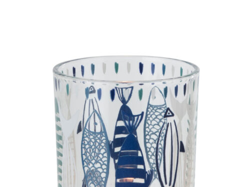 Waxinelichthouder Zolter wit glas met blauwe vissenprint en theelicht, sfeervol en compact