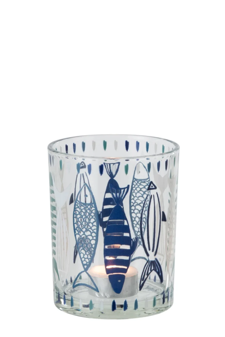 Waxinelichthouder Zolter wit glas met blauwe vissenprint en theelicht, sfeervol en compact