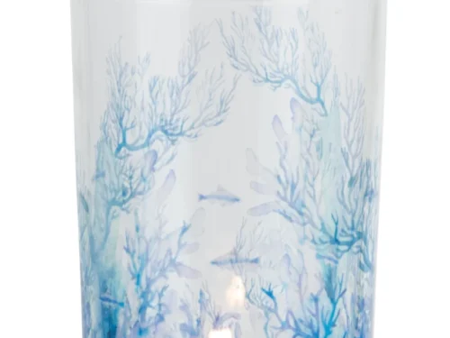 Windlicht Priessane blauw glas H18 cm met onderwaterprint en brandend theelichtje