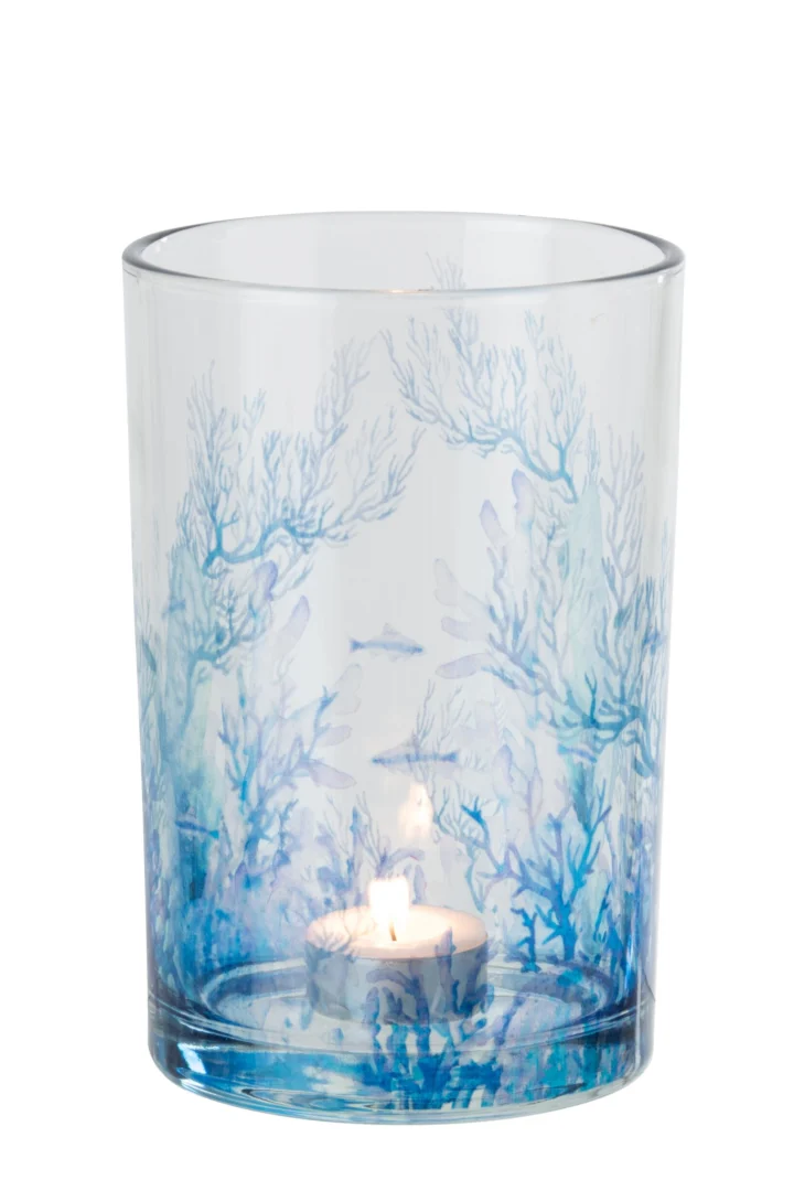 Windlicht Priessane blauw glas H18 cm met onderwaterprint en brandend theelichtje