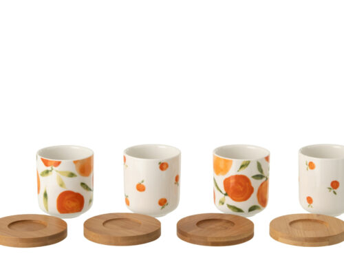 Opbergdoos Laandonte keramiek wit met bamboe deksel en oranje bloemenprint, compact en stijlvol