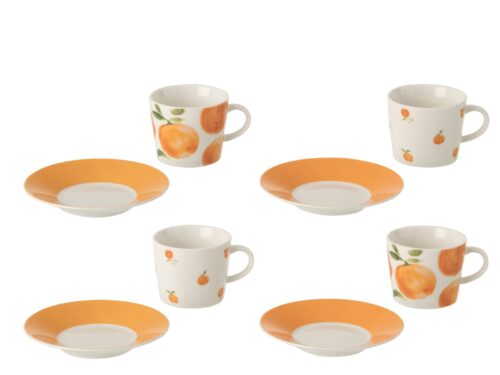 Kopje Feskino keramiek wit, set van 4 met oranje fruitdessin en bijpassende schotels