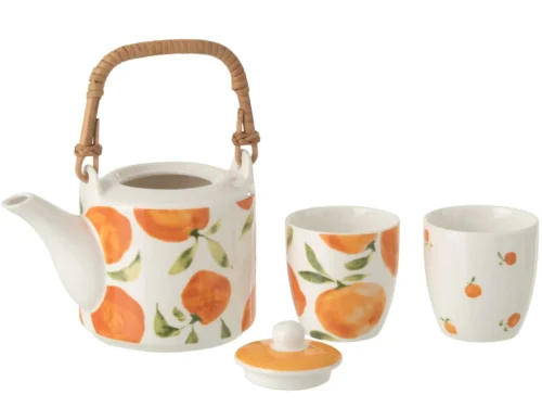 Theepot Bidaro keramiek wit met oranje accenten en rieten handvat, inclusief kopjes en deksel