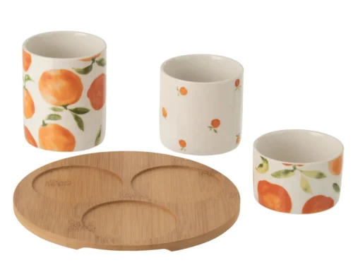 Woonaccessoire Cieltan wit keramiek met oranje fruitprint en houten houder, compact en stijlvol