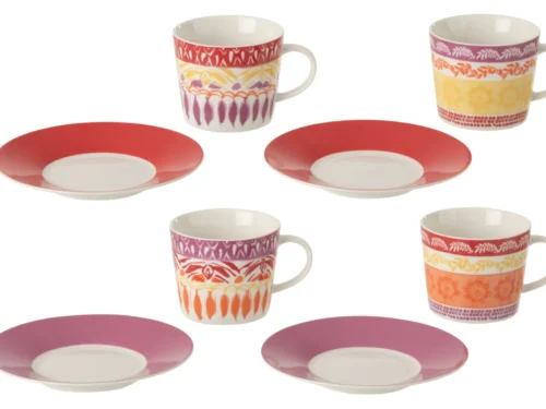 Set van kleurrijke keramieken kopjes en schotels met Pentone-dessin in rood, paars, oranje en geel