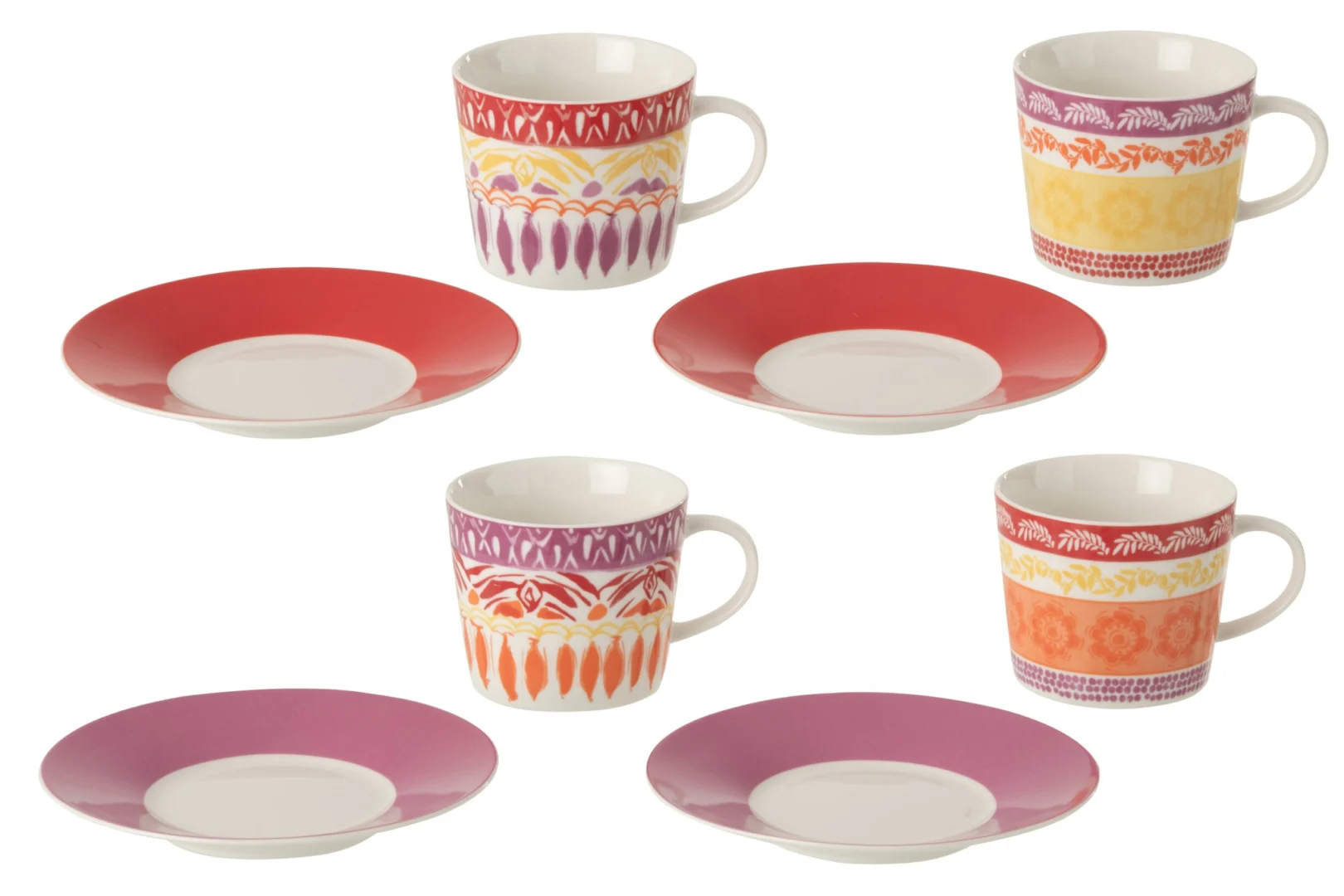Set van kleurrijke keramieken kopjes en schotels met Pentone-dessin in rood, paars, oranje en geel