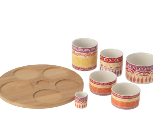 Woonaccessoire Skausir keramiek paars met bamboe dienblad en kleurrijke houders