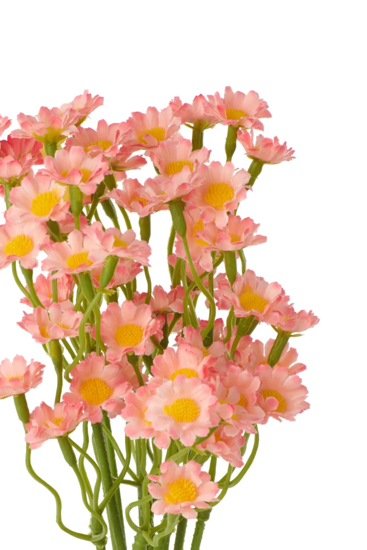 Vemmira stofbloemen set van 2 roze margrietjes met gele harten en groene stelen