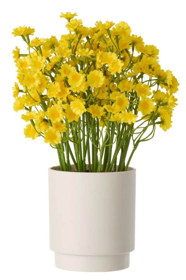 Woonaccessoire Klaasty wit: compact PVC design met gele bloemen in een strakke witte pot