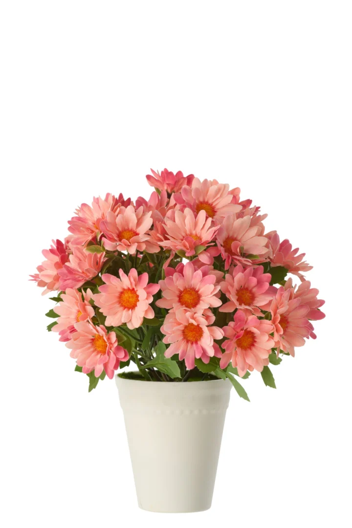Kunstbloem Kemand PVC roze in witte pot, compacte bos met zachte bloemblaadjes en groene bladeren