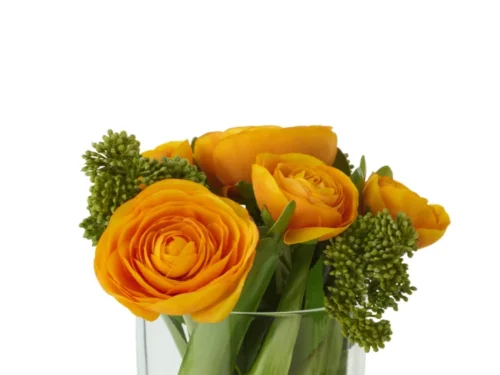 Fleirnund vaas met heldergele bloemen in glazen vaas, compact en stijlvol woonaccessoire H21 cm