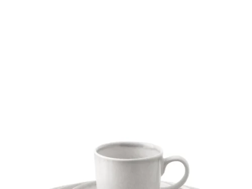 Bord Keeltum Steen Grijs, lichtgrijs steengoed servies met kopje en stapel borden, minimalistisch en stevig
