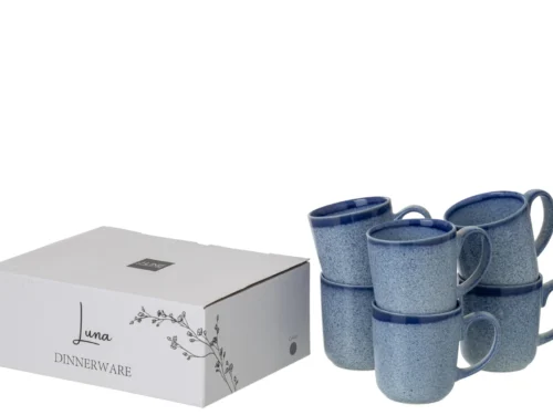 Set van blauwe Mok Toskea steengoed mokken met box, compact en stevig voor koffie of thee