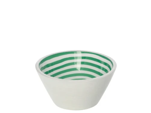 Kom Brullis mangohout groen met witte buitenkant en groene strepen, compact en decoratief