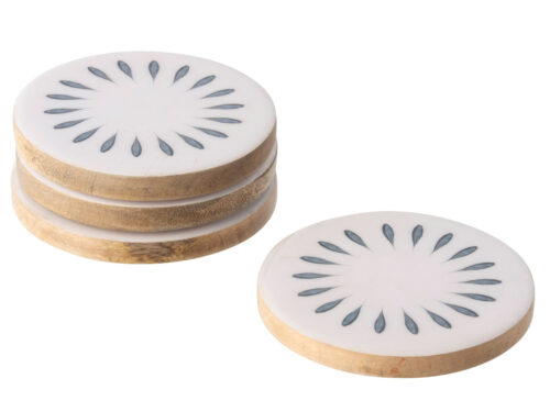 Vensia mangohouten onderzetters blauw, set van 4 met ronde glazuur- en decalafwerking