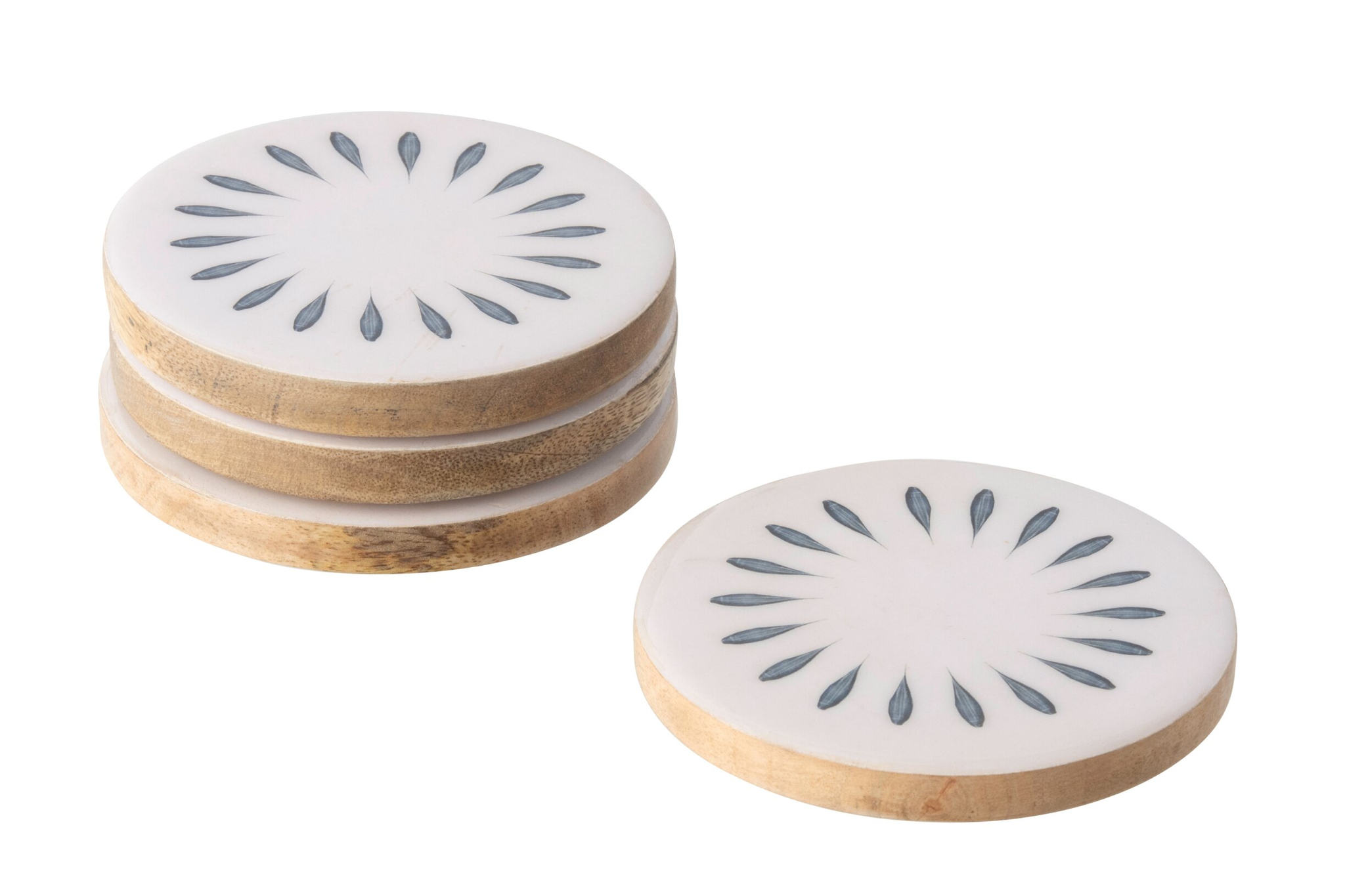 Vensia mangohouten onderzetters blauw, set van 4 met ronde glazuur- en decalafwerking